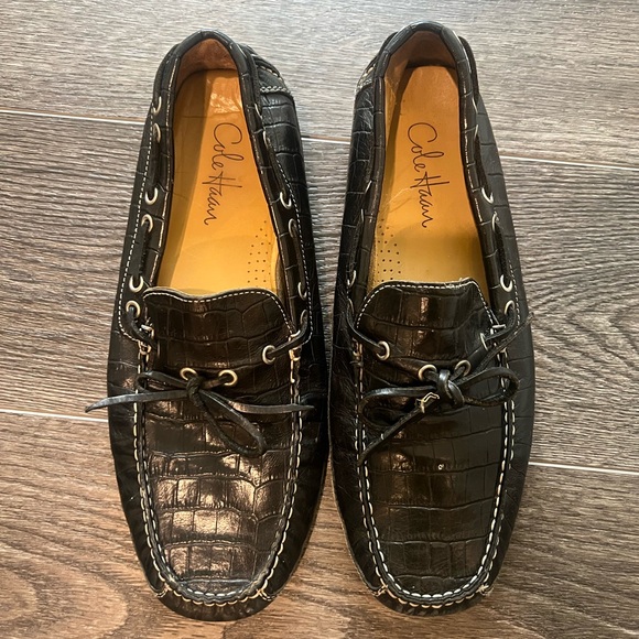 Cole Haan Black Croc-Embossed Boat Shoes - Picture 1 of 3